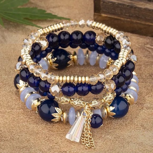 3/$35 Round Beads Stretch Bracelet Set Blue Gold Stackable Crystal Multi Layers - Picture 1 of 3